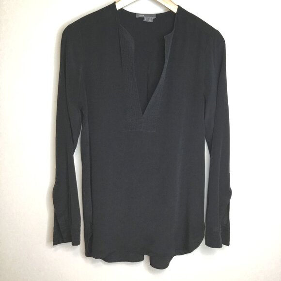 VINCE Stretch Silk Long Sleeve Polo Blouse Black Size 4 Minimalist Luxury Top - Picture 1 of 10